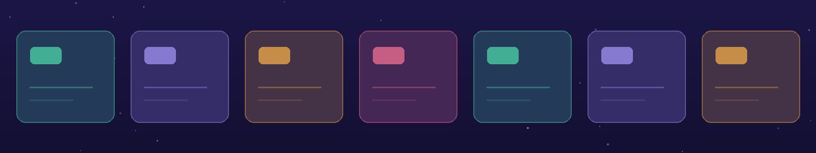 A row of seven cards, each with a heading and two lines